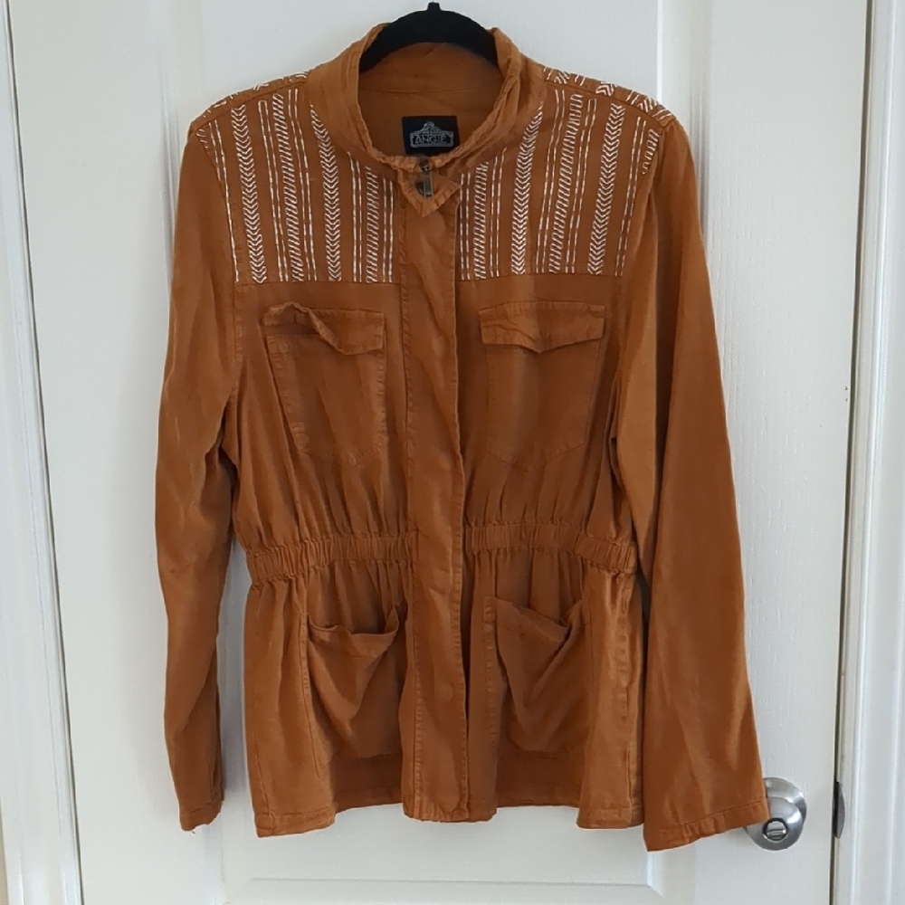 Angie Tan Utility Jacket with Embroidered Accents